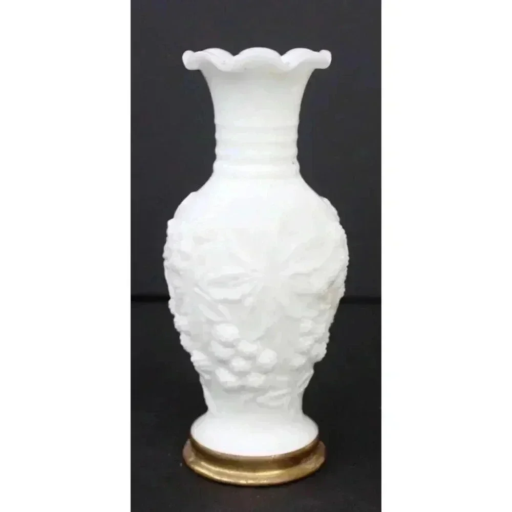 Vintage MILK Glass GRAPE Leafs Pattern Milk Glass Bud Vase Marked Gold Trim Base